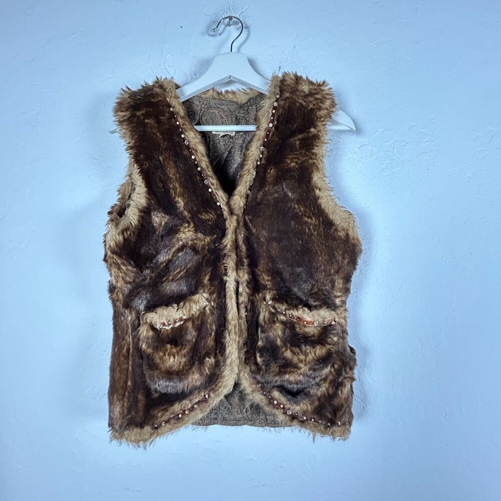 Baxis & Baxis Faux Fur Brown Vest with Paisley Lining Beaded Trim Medium Pockets